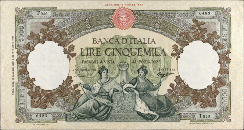 ITALY. Banca d'Italia. 5000 Lire, 1947-63. P-85c. Very Fine.
Mounting remnants....