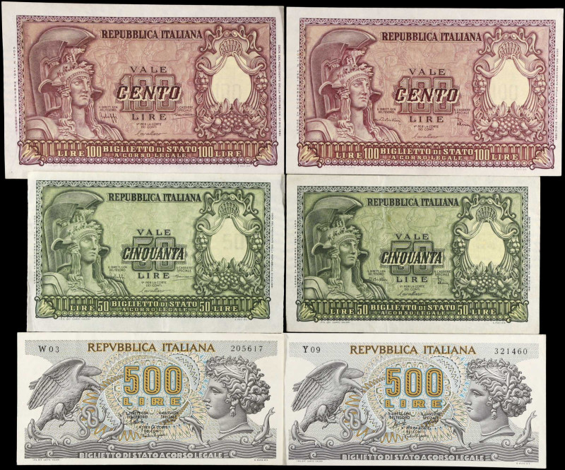 ITALY. Lot of (6). Repubblica Italiana. 50, 100 & 500 Lire, 1951-66. P-Various. ...