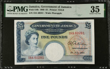 JAMAICA. Government of Jamaica. 5 Pounds, 1960. P-48b. PMG Choice Very Fine 35.
PMG comments "Tear Repair".
Estimate $1750.00 - $2250.00
