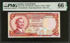 JORDAN. Central Bank of Jordan. 5 Dinars, ND (1975-92). P-19a. PMG Gem Uncirculated 66 EPQ.
Estimate $100.00 - $150.00
