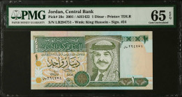 JORDAN. Central Bank of Jordan. 1 Dinar, 2001. P-29c. PMG Gem Uncirculated 65 EPQ.
Estimate $40.00 - $60.00