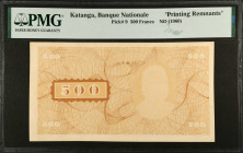KATANGA. Banque Nationale du Katanga. 500 Francs, ND (1960). P-9. Printing Remnants. PMG Encapsulated.
Estimate $400.00 - $600.00
