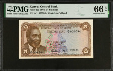 Kenya. Central Bank of Kenya. 5 Shillings, 1966. P-1a. Low Serial Numbers. PMG Gem Uncirculated 66 EPQ.
Estimate $100.00 - $150.00