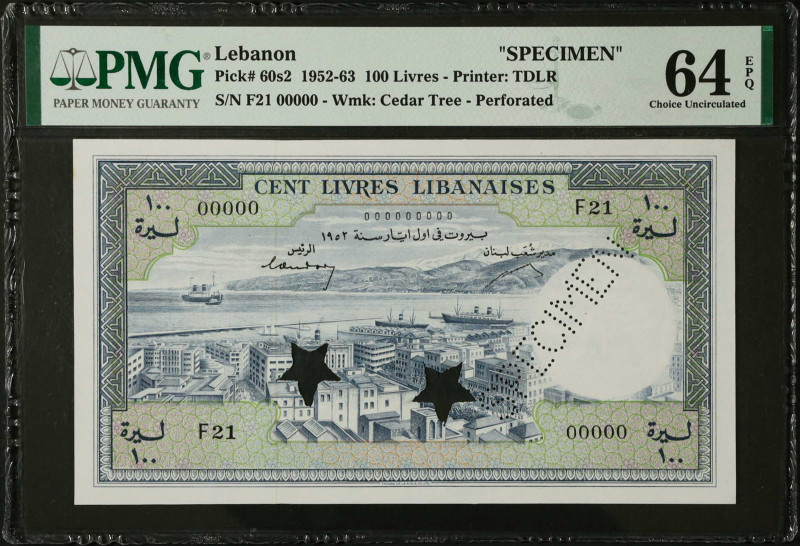 LEBANON. Banque de Syrie et du Liban. 100 Livres, 1952-63. P-60s2. Specimen. PMG...