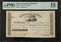 LIBERIA. Treasury of Liberia. 3 Dollars, 1862-64. P-8. PMG Choice Fine 15.
No. 647. Monrovia. Dated December 28th, 1863. One of just two examples gra...