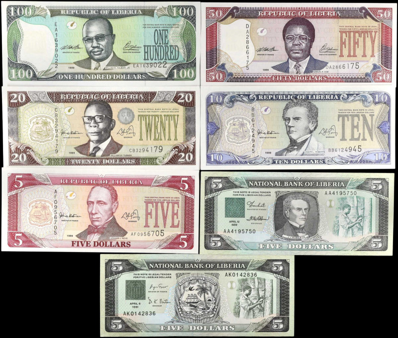 LIBERIA. Lot of (7). Mixed Banks. 5, 10, 20, 50 & 100 Dollars, 1989-99. P-Variou...