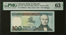 LITHUANIA. Lot of (4). Lietuvos Bankas. 10, 20, 50 & 100 Litu, 1991 to 2003. P-50a, 59a, 66 & 67. PMG Choice Uncirculated 63 EPQ to Gem Uncirculated 6...