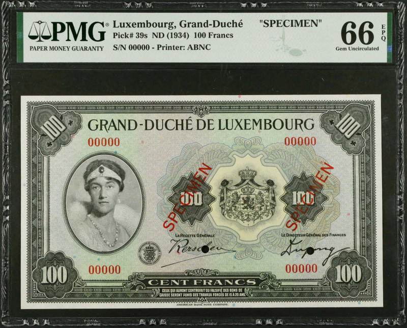 LUXEMBOURG. Grand-Duche de Luxemboug. 100 Francs, ND (1934). P-39s. Specimen. PM...