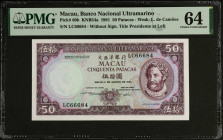 MACAU. Banco Nacional Ultramarino. 50 Patacas, 1981. P-60b. PMG Choice Uncirculated 64.
Estimate $100.00 - $200.00