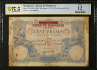 MADAGASCAR. Banque de Madagascar. 100 Francs, 1892 (1926). P-34. PCGS Banknote Fine 12 Details Pinholes, Tears.
Red "Banque de Madagascar" overprint....