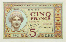 MADAGASCAR. Banque de Madagascar. 5 Francs, ND (1937). P-35. Uncirculated.
Ornate design details and vibrant color stands out. Very light toning.
Es...