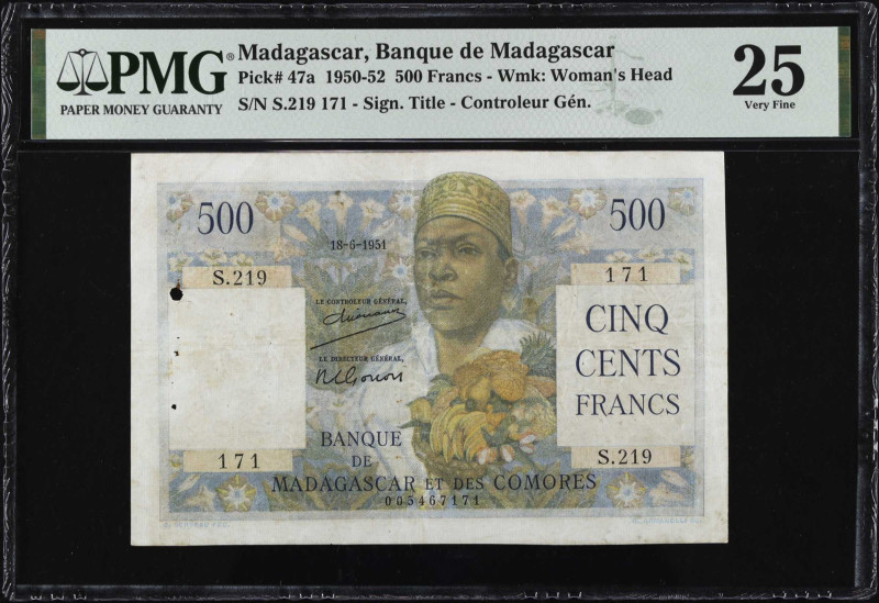 MADAGASCAR. Banque de Madagascar. 500 Francs, 1950-52. P-47a. PMG Very Fine 25....