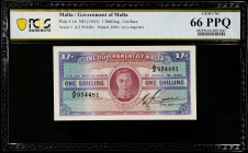 MALTA. The Government of Malta. 1 Shilling, ND (1943). P-16. PCGS Banknote Gem Uncirculated 66 PPQ.
Estimate $200.00 - $300.00