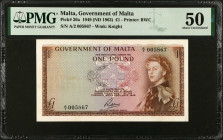 MALTA. Government of Malta. 1 Pound, 1949 (ND 1963). P-26a. PMG About Uncirculated 50.
Estimate $150.00 - $250.00