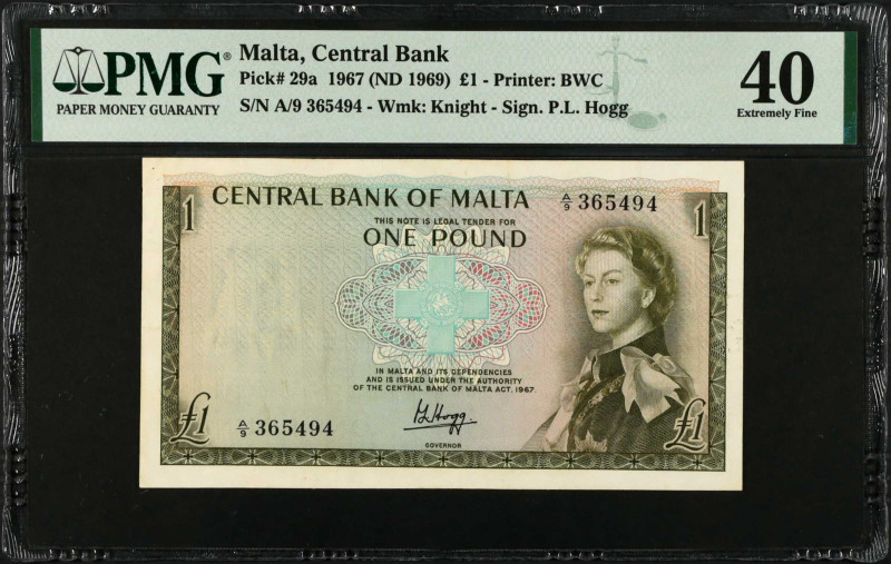 MALTA. Central Bank. 1 Pound, 1967 (ND 1969). P-29a. PMG Extremely Fine 40.
Est...