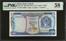 MALTA. Bank Centrali ta'Malta. 5 Liri, 1967 (ND 1973). P-32c. PMG Choice About Uncirculated 58.
Estimate $100.00 - $150.00