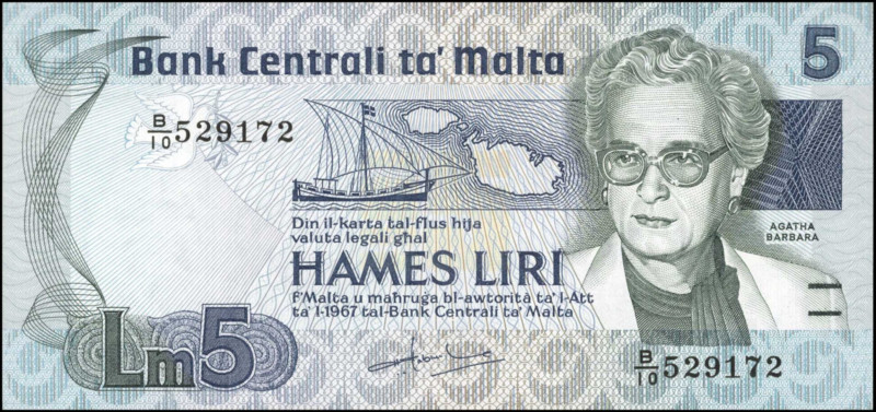 MALTA. Bank Centrali ta' Malta. 5 Liri, 1967. P-38. About Uncirculated.
Estimat...