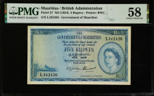 MAURITIUS. Government of Mauritius. 5 Rupees, ND (1954). P-27. PMG Choice About Uncirculated 58.
PMG comments "Stains".
Estimate $300.00 - $500.00