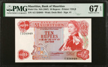 MAURITIUS. Bank of Mauritius. 10 Rupees, ND (1967). P-31a. PMG Superb Gem Uncirculated 67 EPQ.
Estimate $200.00 - $300.00