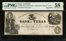 MEXICO. Columbia, Texas. The Commercial & Agricultural Bank of Texas. 1 Dollar, 1830s-50s. P-Unlisted. Remainder. PMG Choice About Uncirculated 58.
F...