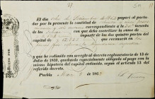 MEXICO. Unknown Bank. 85.56 Pesos, 1862. P-Unlisted. Bearer Bond. Fine.
Ink. Annotations. Edge wear. Pinholes. Cancellations. Toning.
Estimate $150....