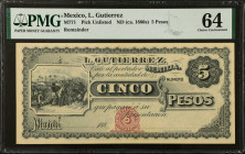MEXICO. L. Gutierrez. 5 Pesos, ND (ca. 1880s). P-Unlisted. Remainder. PMG Choice Uncirculated 64.
M771.
Estimate $100.00 - $200.00