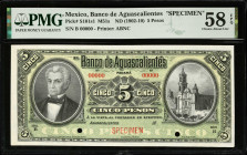 MEXICO. El Banco de Aguascalientes. 5 Pesos, ND (1902-10). P-S101s1. Specimen. PMG Choice About Uncirculated 58 EPQ.
M51s.
Estimate $100.00 - $150.0...