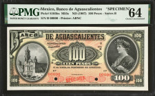 MEXICO. Banco de Aguascalientes. 100 Pesos, ND (1907). P-S105bs. Specimen. PMG Choice Uncirculated 64.
Printed by ABNC. Series B. One of just two exa...