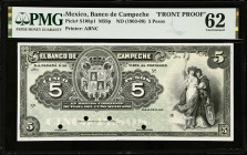 MEXICO. El Banco de Campeche. 5 Pesos, ND (1903-09). P-S108p1. Front Proof. PMG Uncirculated 62.
PMG comments "Paper Pulls". M59p.
Estimate $300.00 ...