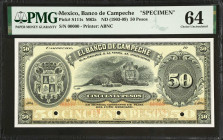MEXICO. El Banco de Campeche. 50 Pesos, ND (1903-09). P-S111s. Specimen. PMG Choice Uncirculated 64.
Printed by ABNC. Arms at left, counter at right ...