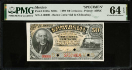 MEXICO. El banco Comercial de Chihuahua. 50 Centavos, 1889. P-S125s. Specimen. PMG Choice Uncirculated 64 EPQ.
M81s.
Estimate $200.00 - $300.00
