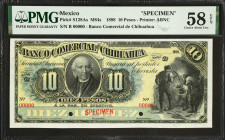 MEXICO. El banco Comercial de Chihuahua. 10 Pesos, 1898. P-S128As. Specimen. PMG Choice About Uncirculated 58 EPQ.
Printed by ABNC. One of just three...