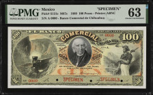 MEXICO. El Banco Comercial de Chihuahua. 100 Pesos, 1889. P-S131s. Specimen. PMG Choice Uncirculated 63.
M87s. Printed by ABNC. PMG comments "Closed ...