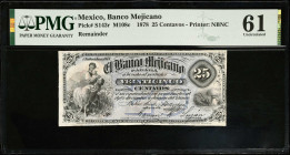 MEXICO. El Banco Mejicano. 25 Centavos, 1878. P-S143r. Remainder. PMG Uncirculated 61.
PMG comments "Stained". M108c.
Estimate $100.00 - $150.00