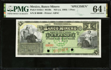MEXICO. El Banco Minero. 1 Peso, ND (ca. 1888). P-S162s1. Specimen. PMG Choice Uncirculated 64 EPQ.
M130s.
Estimate $100.00 - $150.00