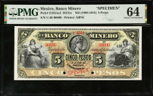 MEXICO. El Banco Minero. 5 Pesos, ND (1898-1914). P-S163As3. Specimen. PMG Choice Uncirculated 64.
M131s.
Estimate $150.00 - $250.00