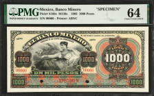 MEXICO. El Banco Minero. 1000 Pesos, 1903. P-S169. Specimen. PMG Choice Uncirculated 64.
Printed by ABNC. Unyielding colors gleam through the third p...