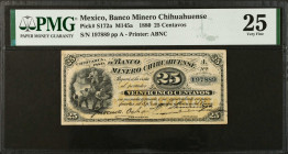 MEXICO. El Banco Minero Chihuahuense. 25 Centavos, 1880. P-S172a. PMG Very Fine 25.
M145a.
Estimate $100.00 - $150.00