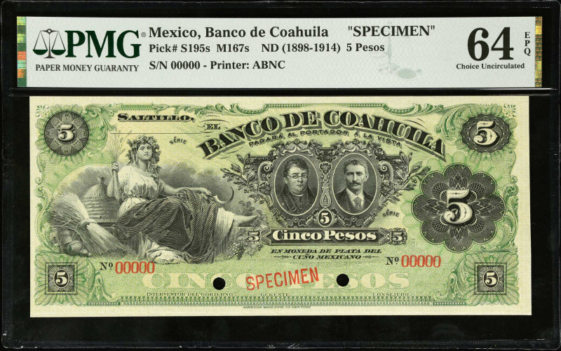 MEXICO. El Banco de Coahuila. 5 Pesos, ND (1898-1914). P-S195s. Specimen. PMG Ch...