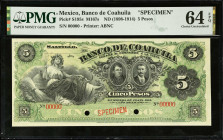 MEXICO. El Banco de Coahuila. 5 Pesos, ND (1898-1914). P-S195s. Specimen. PMG Choice Uncirculated 64 EPQ.
M167s.
Estimate $100.00 - $150.00