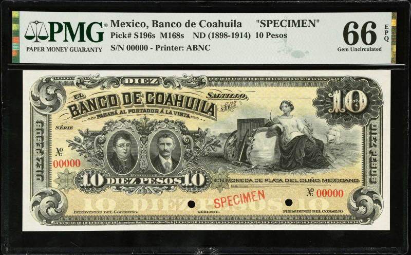 MEXICO. El Banco de Coahuila. 10 Pesos, ND (1898-1914). P-S196s. Specimen. PMG G...