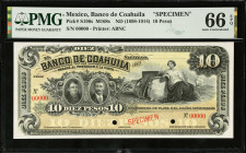 MEXICO. El Banco de Coahuila. 10 Pesos, ND (1898-1914). P-S196s. Specimen. PMG Gem Uncirculated 66 EPQ.
M168s.
Estimate $100.00 - $200.00