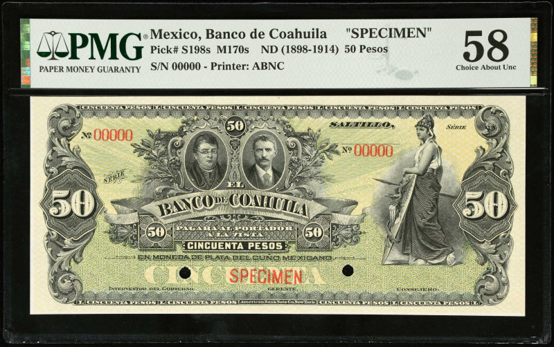 MEXICO. El Banco de Coahuila. 50 Pesos, ND (1898-1914). P-S198s. Specimen. PMG C...