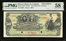 MEXICO. El Banco de Coahuila. 50 Pesos, ND (1898-1914). P-S198s. Specimen. PMG Choice About Uncirculated 58.
M170s.
Estimate $150.00 - $250.00