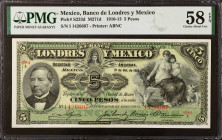 MEXICO. El Banco de Londres y Mexico. 5 Pesos, 1910-13. P-S233d. PMG Choice About Uncirculated 58 EPQ.
M271d.
Estimate $70.00 - $100.00