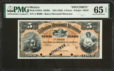 MEXICO. El Banco Mercatil Mexicano. 5 Pesos, ND (1882). P-S243s. Specimen. PMG Gem Uncirculated 65 EPQ.
Printed by ABNC. One of just three examples g...