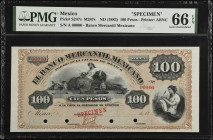 MEXICO. El Banco Mercantil Mexicano. 100 Pesos, ND (1882). P-S247s. Specimen. PMG Gem Uncirculated 66 EPQ.
M287s. Printed by ABNC. Specimen. One of j...