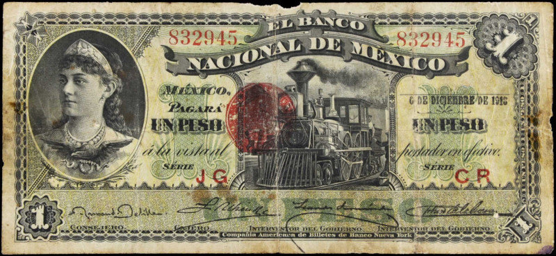 MEXICO. El Banco Nacional de Mexico. 1 Peso, 1913. P-S255. Fine.
Staining. Edge...