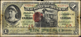 MEXICO. El Banco Nacional de Mexico. 1 Peso, 1913. P-S255. Fine.
Staining. Edge wear, Missing paper. Tape/mounting remnants. Paper thinning.
Estimat...