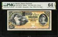 MEXICO. El Banco Nacional de Mexico. 5 Pesos, ND (1888-1913). P-S257r2. Remainder. PMG Choice Uncirculated 64 EPQ.
M298r2.
Estimate $50.00 - $75.00